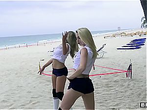 three teenager hotties catch a massive cumbot on the beach