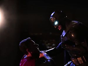 Superheroes battle. Dark Knight Rises, boy of Steel and Amazon Diana