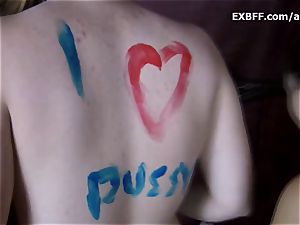 Collared fur covered unexperienced gets bod painted by gf