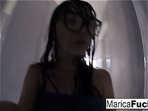 Marica Hase in super-sexy undergarments milks in the mirror